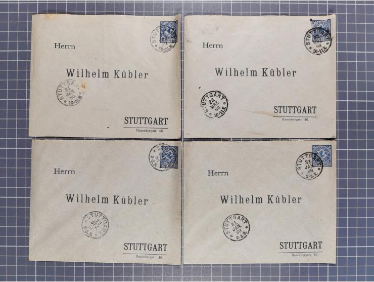 STUTTGART: 1886, Umschlag 3 Pfg. blau mit vorgedruckter Adresse “Wilhelm Kübler”, 85 Stück bedarfsgebraucht (Müller U4Z, 7600