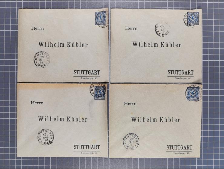 STUTTGART: 1886, Umschlag 3 Pfg. blau mit vorgedruckter Adresse “Wilhelm Kübler”, 85 Stück bedarfsgebraucht (Müller U4Z, 7600
