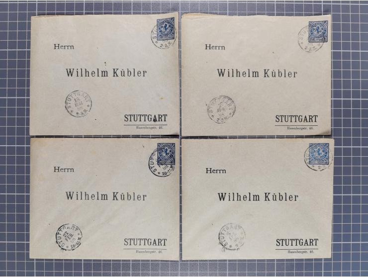 STUTTGART: 1886, Umschlag 3 Pfg. blau mit vorgedruckter Adresse “Wilhelm Kübler”, 85 Stück bedarfsgebraucht (Müller U4Z, 7600
