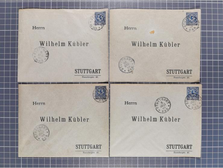 STUTTGART: 1886, Umschlag 3 Pfg. blau mit vorgedruckter Adresse “Wilhelm Kübler”, 85 Stück bedarfsgebraucht (Müller U4Z, 7600