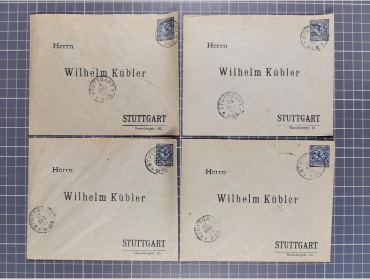 STUTTGART: 1886, Umschlag 3 Pfg. blau mit vorgedruckter Adresse “Wilhelm Kübler”, 85 Stück bedarfsgebraucht (Müller U4Z, 7600