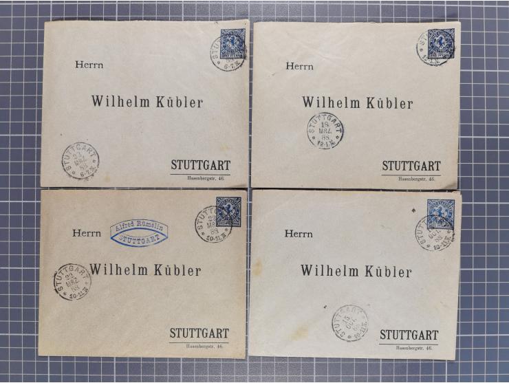 STUTTGART: 1886, Umschlag 3 Pfg. blau mit vorgedruckter Adresse “Wilhelm Kübler”, 85 Stück bedarfsgebraucht (Müller U4Z, 7600
