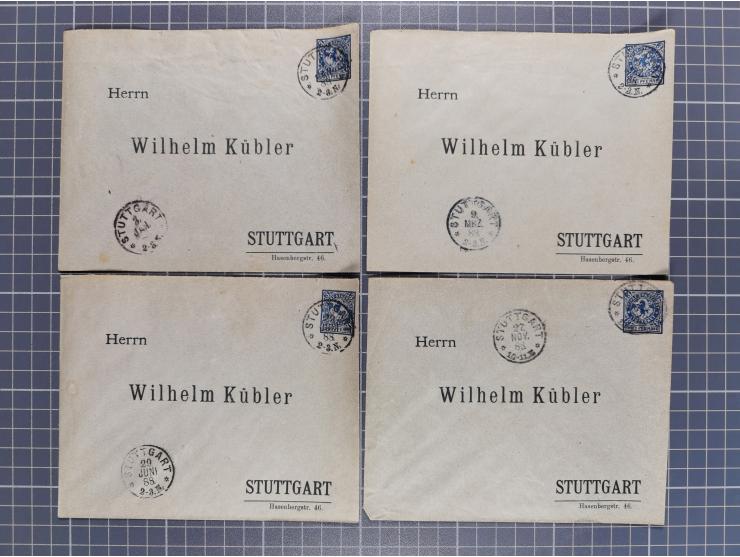 STUTTGART: 1886, Umschlag 3 Pfg. blau mit vorgedruckter Adresse “Wilhelm Kübler”, 85 Stück bedarfsgebraucht (Müller U4Z, 7600