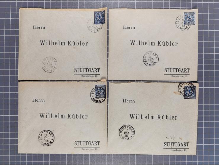 STUTTGART: 1886, Umschlag 3 Pfg. blau mit vorgedruckter Adresse “Wilhelm Kübler”, 85 Stück bedarfsgebraucht (Müller U4Z, 7600
