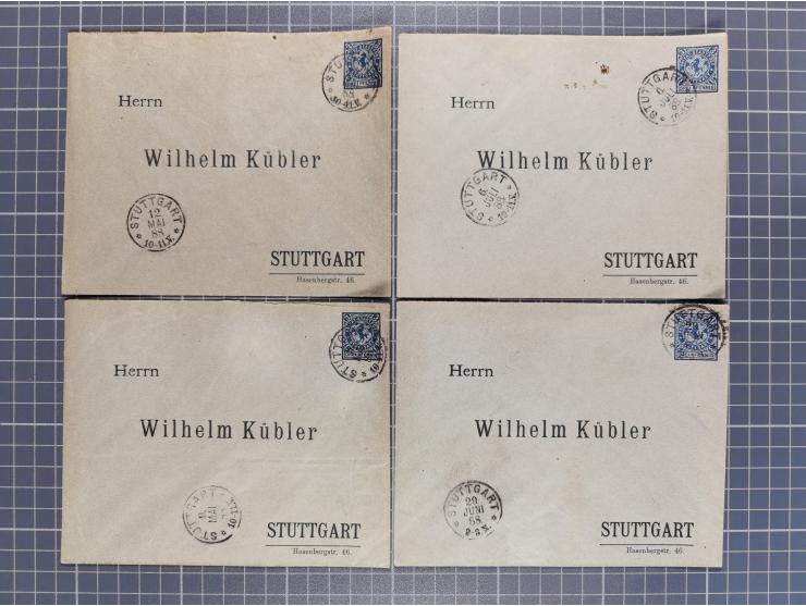STUTTGART: 1886, Umschlag 3 Pfg. blau mit vorgedruckter Adresse “Wilhelm Kübler”, 85 Stück bedarfsgebraucht (Müller U4Z, 7600