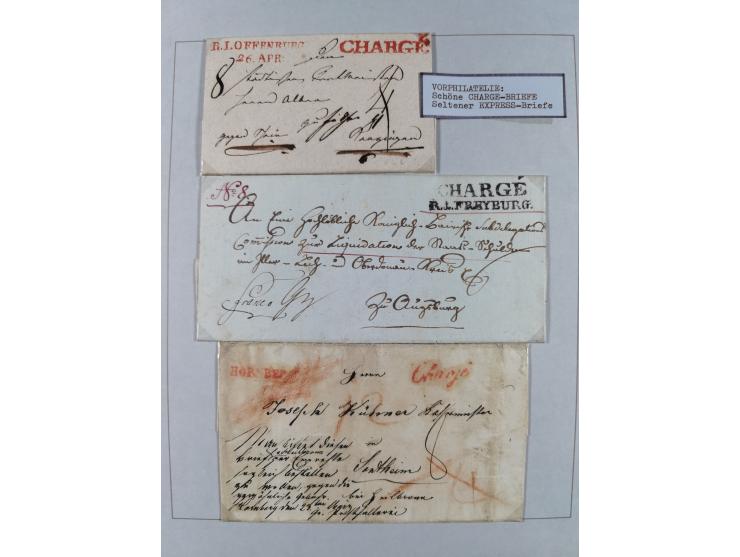 1750/1850 (ca.), kleine aufgezogene Sammlung mit 35 Briefen/Briefhüllen, dabei Express- und Charge-Briefe, Transitpost, etc.