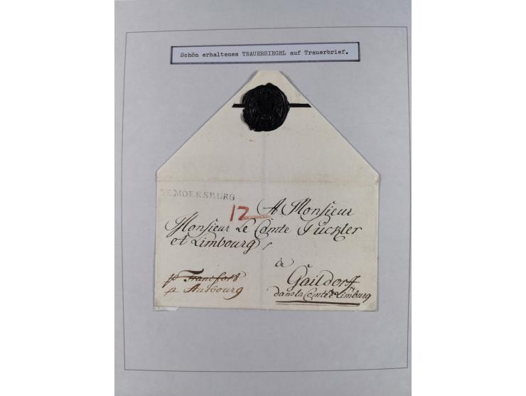 1750/1850 (ca.), kleine aufgezogene Sammlung mit 35 Briefen/Briefhüllen, dabei Express- und Charge-Briefe, Transitpost, etc.