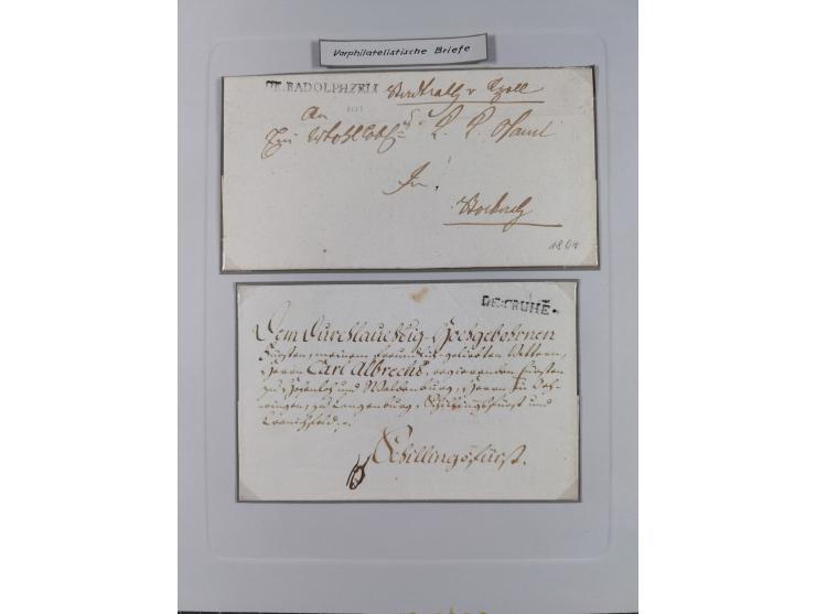 1750/1850 (ca.), kleine aufgezogene Sammlung mit 35 Briefen/Briefhüllen, dabei Express- und Charge-Briefe, Transitpost, etc.