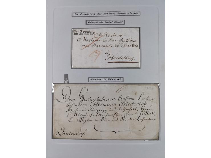 1750/1850 (ca.), kleine aufgezogene Sammlung mit 35 Briefen/Briefhüllen, dabei Express- und Charge-Briefe, Transitpost, etc.