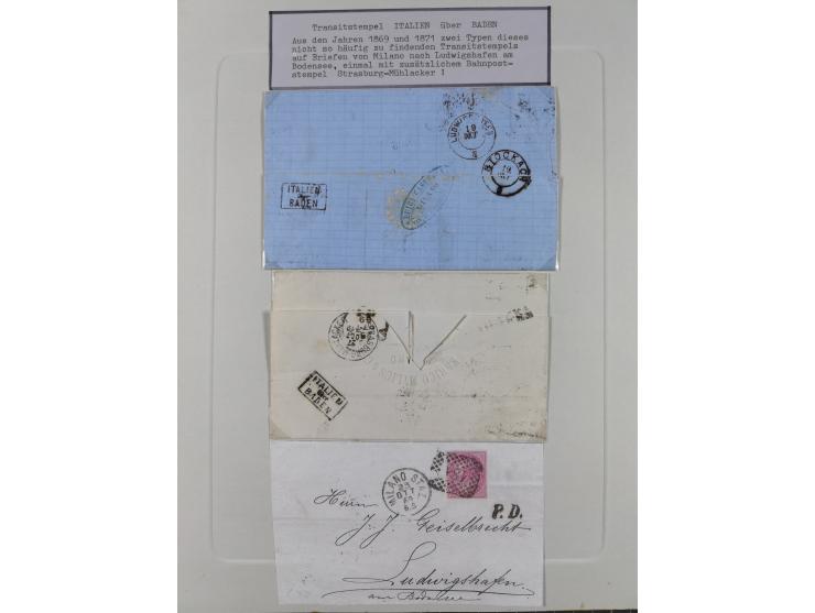 1850/72 (ca.), interessante Stempelsammlung auf Marken, Briefstücken und Briefen, dabei blaue und rote Nummernstempel, Fremde