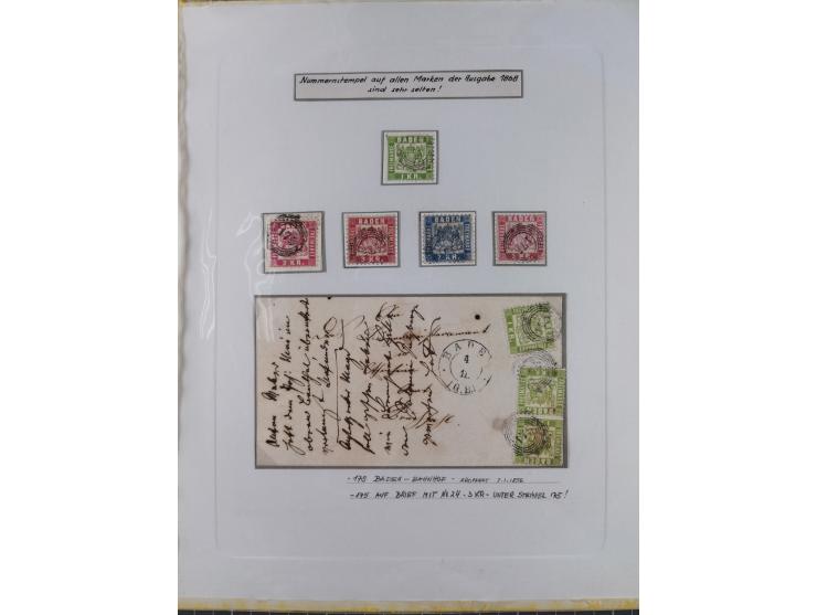 1850/72 (ca.), interessante Stempelsammlung auf Marken, Briefstücken und Briefen, dabei blaue und rote Nummernstempel, Fremde