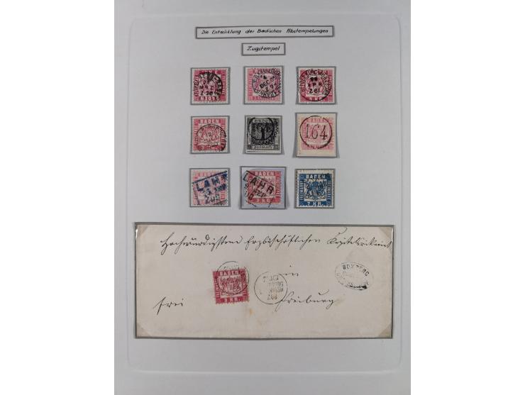 1850/72 (ca.), interessante Stempelsammlung auf Marken, Briefstücken und Briefen, dabei blaue und rote Nummernstempel, Fremde