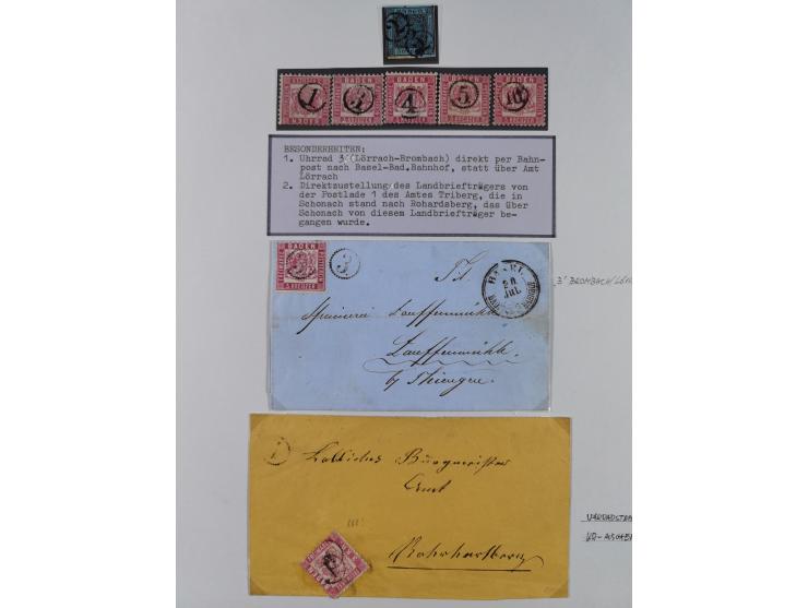 1850/72 (ca.), interessante Stempelsammlung auf Marken, Briefstücken und Briefen, dabei blaue und rote Nummernstempel, Fremde