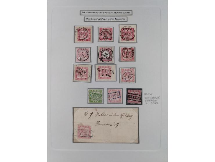 1850/72 (ca.), interessante Stempelsammlung auf Marken, Briefstücken und Briefen, dabei blaue und rote Nummernstempel, Fremde