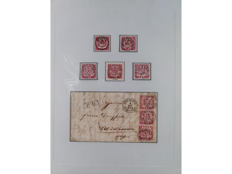 1850/72 (ca.), interessante Stempelsammlung auf Marken, Briefstücken und Briefen, dabei blaue und rote Nummernstempel, Fremde