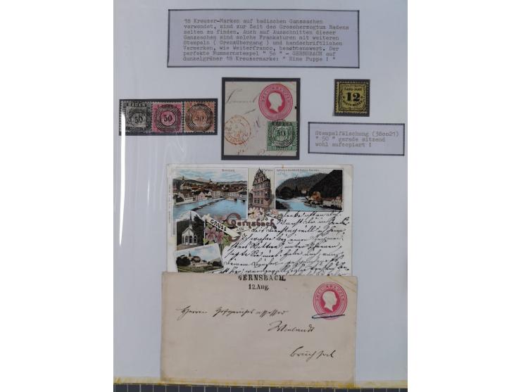 1850/72 (ca.), interessante Stempelsammlung auf Marken, Briefstücken und Briefen, dabei blaue und rote Nummernstempel, Fremde