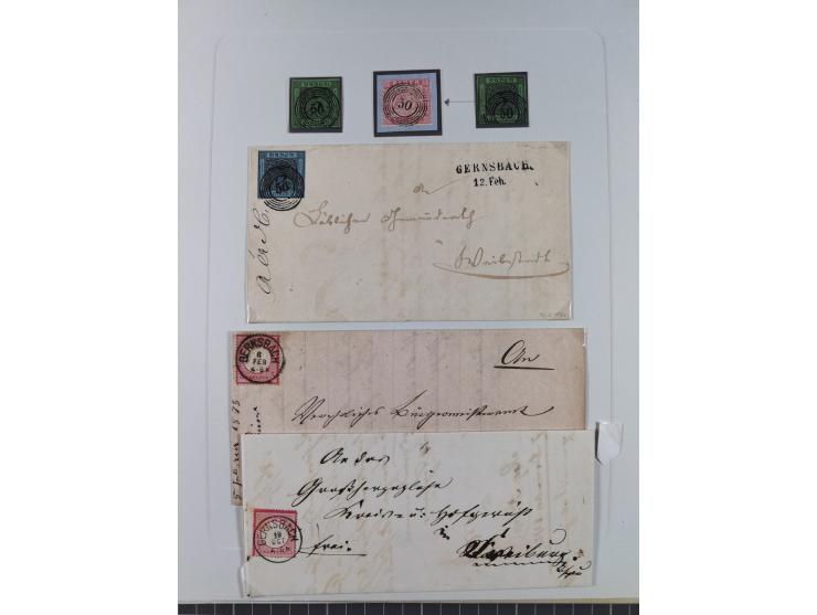 1850/72 (ca.), interessante Stempelsammlung auf Marken, Briefstücken und Briefen, dabei blaue und rote Nummernstempel, Fremde