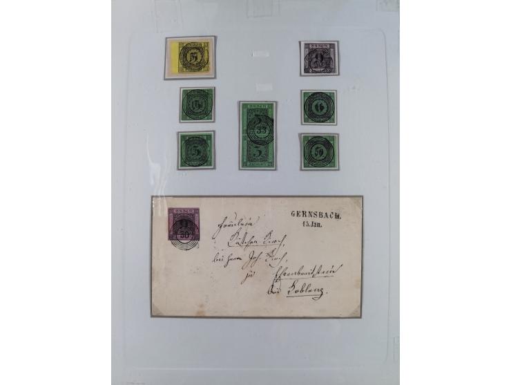 1850/72 (ca.), interessante Stempelsammlung auf Marken, Briefstücken und Briefen, dabei blaue und rote Nummernstempel, Fremde