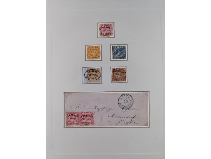 1850/72 (ca.), interessante Stempelsammlung auf Marken, Briefstücken und Briefen, dabei blaue und rote Nummernstempel, Fremde