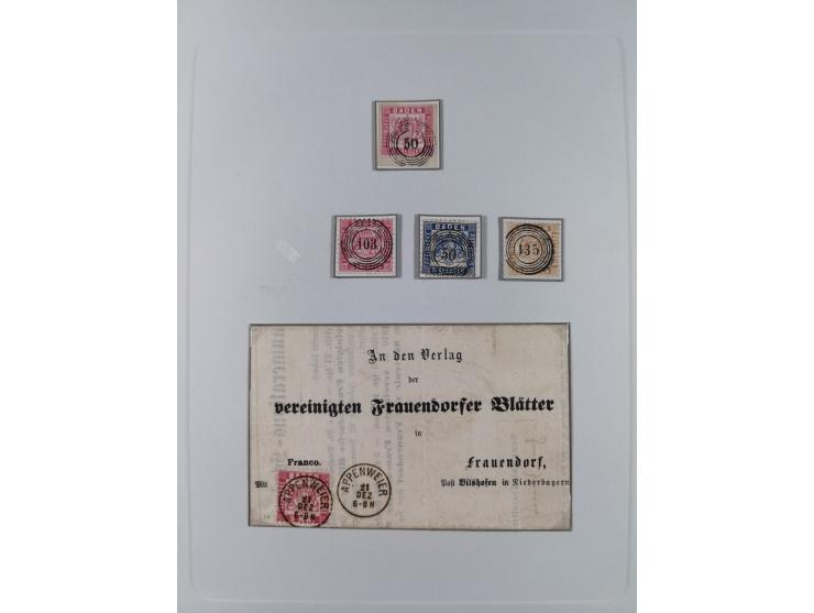1850/72 (ca.), interessante Stempelsammlung auf Marken, Briefstücken und Briefen, dabei blaue und rote Nummernstempel, Fremde