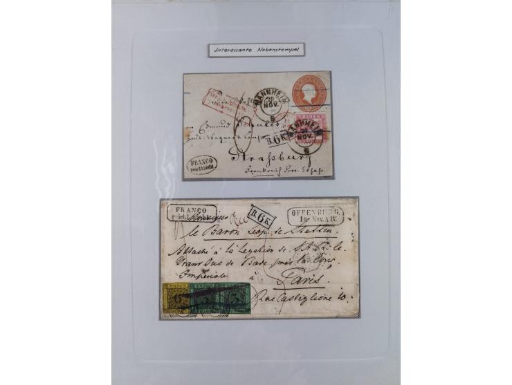 1850/72 (ca.), interessante Stempelsammlung auf Marken, Briefstücken und Briefen, dabei blaue und rote Nummernstempel, Fremde