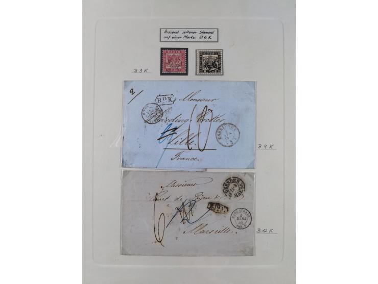 1850/72 (ca.), interessante Stempelsammlung auf Marken, Briefstücken und Briefen, dabei blaue und rote Nummernstempel, Fremde