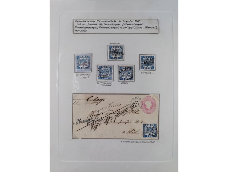 1850/72 (ca.), interessante Stempelsammlung auf Marken, Briefstücken und Briefen, dabei blaue und rote Nummernstempel, Fremde