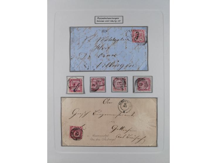 1850/72 (ca.), interessante Stempelsammlung auf Marken, Briefstücken und Briefen, dabei blaue und rote Nummernstempel, Fremde