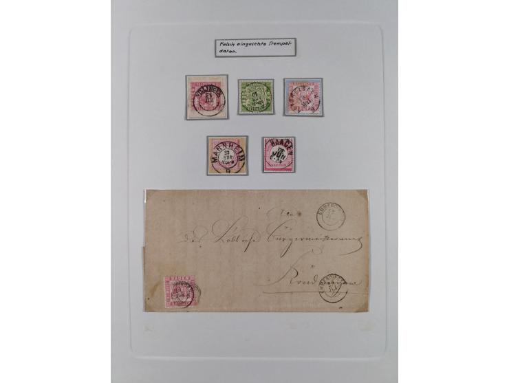 1850/72 (ca.), interessante Stempelsammlung auf Marken, Briefstücken und Briefen, dabei blaue und rote Nummernstempel, Fremde