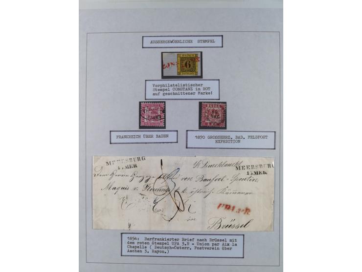 1850/72 (ca.), interessante Stempelsammlung auf Marken, Briefstücken und Briefen, dabei blaue und rote Nummernstempel, Fremde