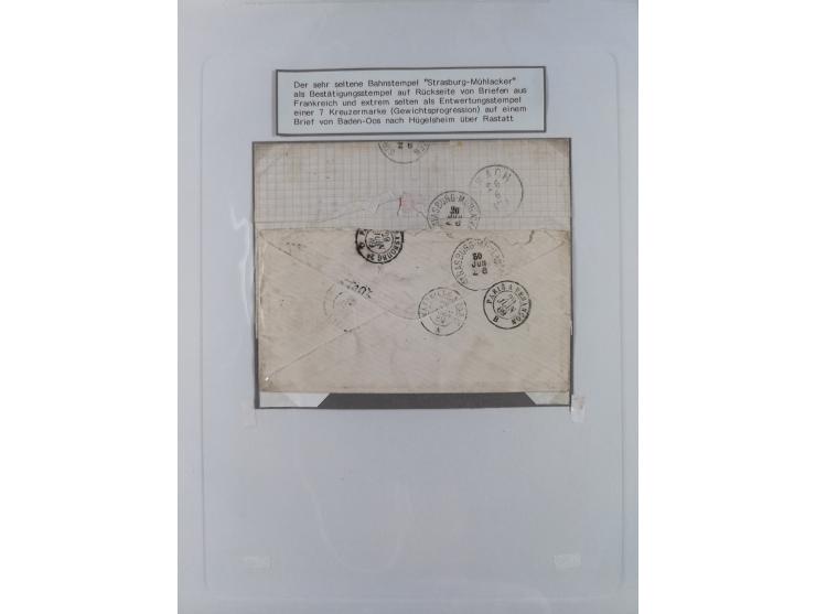 1850/72 (ca.), interessante Stempelsammlung auf Marken, Briefstücken und Briefen, dabei blaue und rote Nummernstempel, Fremde