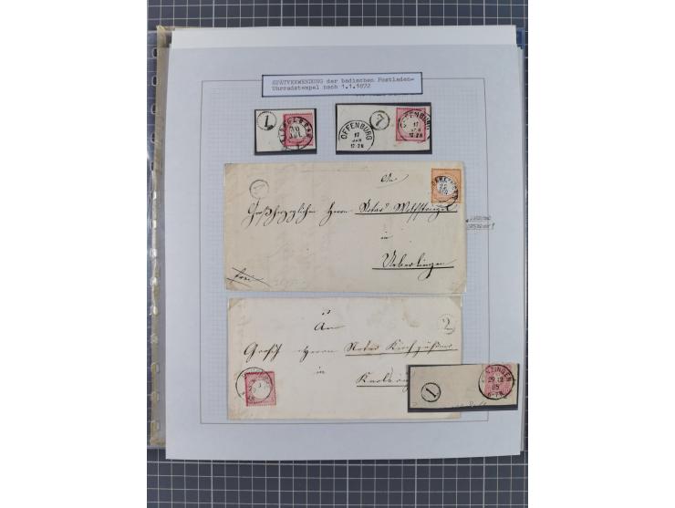 1850/72 (ca.), interessante Stempelsammlung auf Marken, Briefstücken und Briefen, dabei blaue und rote Nummernstempel, Fremde
