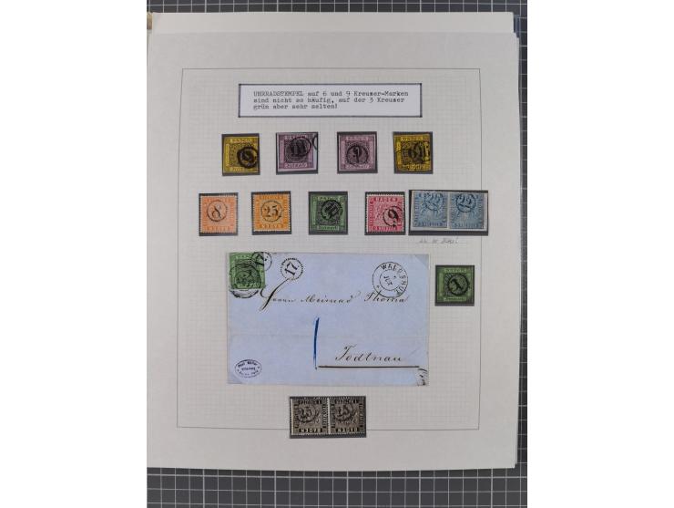 1850/72 (ca.), interessante Stempelsammlung auf Marken, Briefstücken und Briefen, dabei blaue und rote Nummernstempel, Fremde
