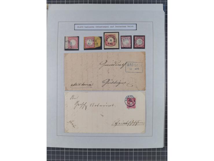 1850/72 (ca.), interessante Stempelsammlung auf Marken, Briefstücken und Briefen, dabei blaue und rote Nummernstempel, Fremde
