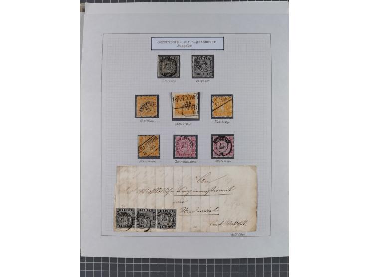 1850/72 (ca.), interessante Stempelsammlung auf Marken, Briefstücken und Briefen, dabei blaue und rote Nummernstempel, Fremde