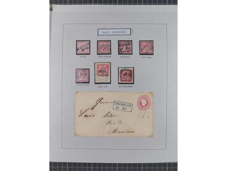 1850/72 (ca.), interessante Stempelsammlung auf Marken, Briefstücken und Briefen, dabei blaue und rote Nummernstempel, Fremde