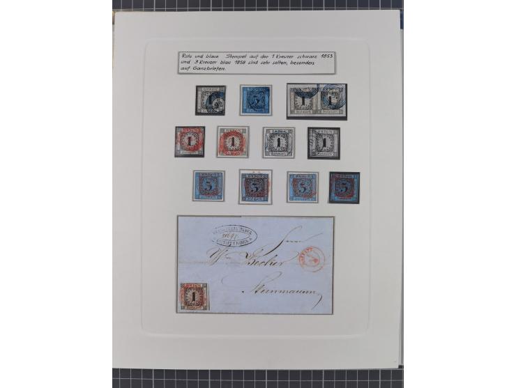 1850/72 (ca.), interessante Stempelsammlung auf Marken, Briefstücken und Briefen, dabei blaue und rote Nummernstempel, Fremde