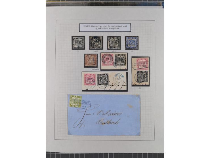 1850/72 (ca.), interessante Stempelsammlung auf Marken, Briefstücken und Briefen, dabei blaue und rote Nummernstempel, Fremde