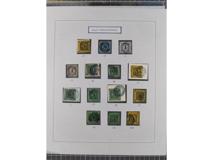 1850/72 (ca.), interessante Stempelsammlung auf Marken, Briefstücken und Briefen, dabei blaue und rote Nummernstempel, Fremde