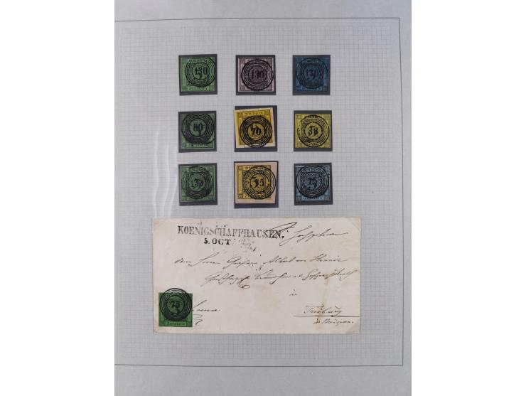 1850/72 (ca.), interessante Stempelsammlung auf Marken, Briefstücken und Briefen, dabei blaue und rote Nummernstempel, Fremde