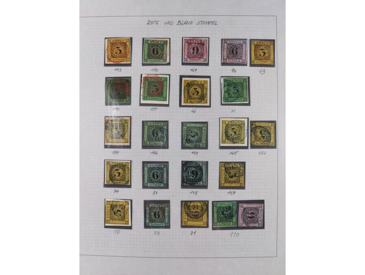 1850/72 (ca.), interessante Stempelsammlung auf Marken, Briefstücken und Briefen, dabei blaue und rote Nummernstempel, Fremde