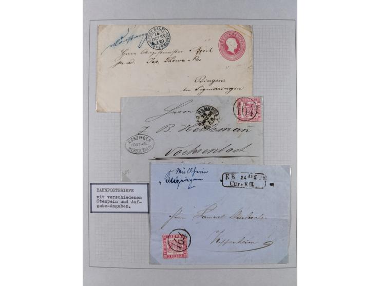 1850/72 (ca.), interessante Stempelsammlung auf Marken, Briefstücken und Briefen, dabei blaue und rote Nummernstempel, Fremde