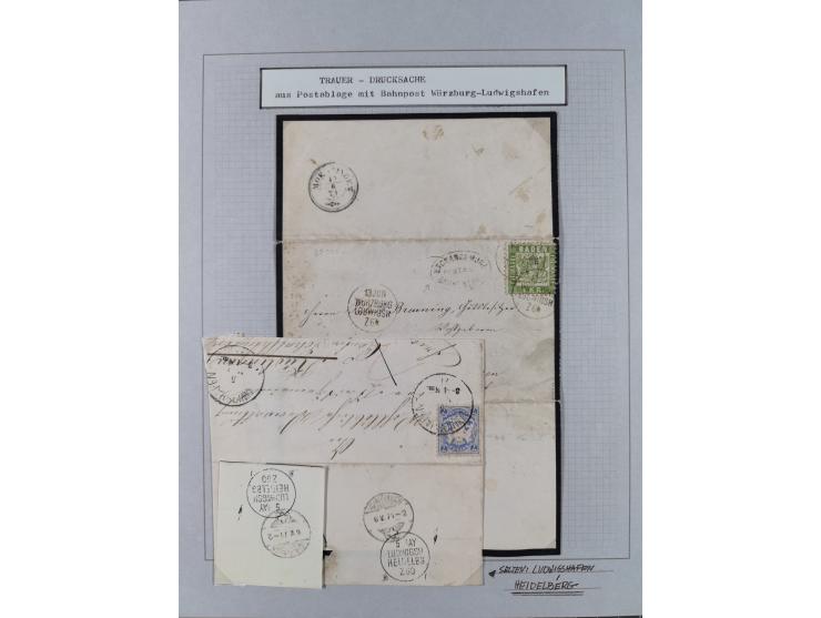 1850/72 (ca.), interessante Stempelsammlung auf Marken, Briefstücken und Briefen, dabei blaue und rote Nummernstempel, Fremde