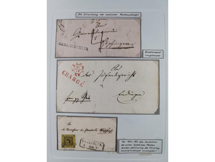 1850/72 (ca.), interessante Stempelsammlung auf Marken, Briefstücken und Briefen, dabei blaue und rote Nummernstempel, Fremde