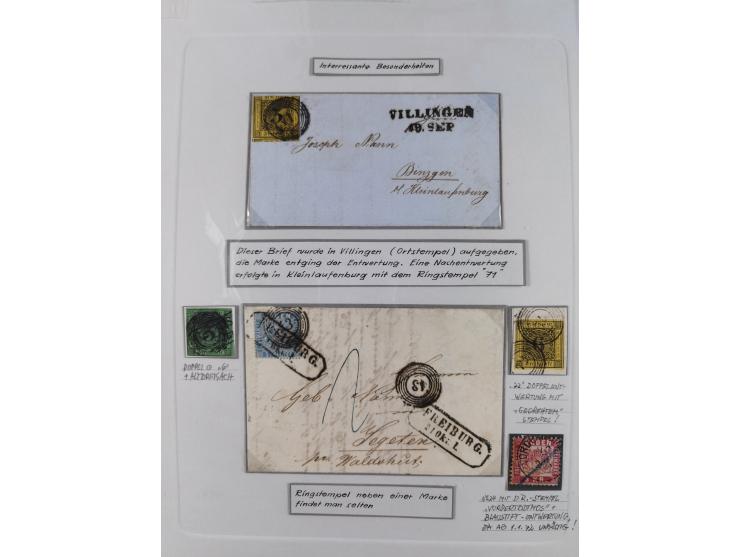 1850/72 (ca.), interessante Stempelsammlung auf Marken, Briefstücken und Briefen, dabei blaue und rote Nummernstempel, Fremde