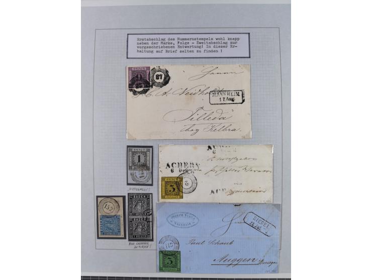 1850/72 (ca.), interessante Stempelsammlung auf Marken, Briefstücken und Briefen, dabei blaue und rote Nummernstempel, Fremde