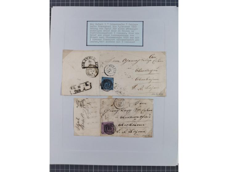 1850/72 (ca.), interessante Stempelsammlung auf Marken, Briefstücken und Briefen, dabei blaue und rote Nummernstempel, Fremde