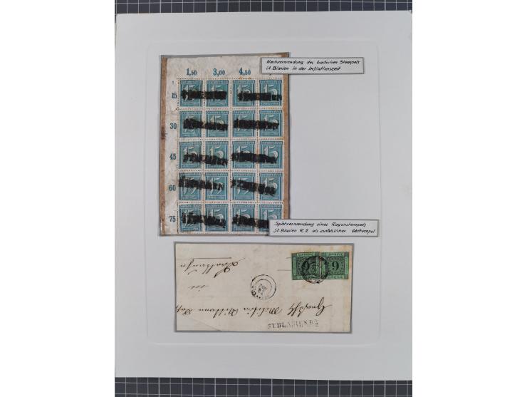 1850/72 (ca.), interessante Stempelsammlung auf Marken, Briefstücken und Briefen, dabei blaue und rote Nummernstempel, Fremde