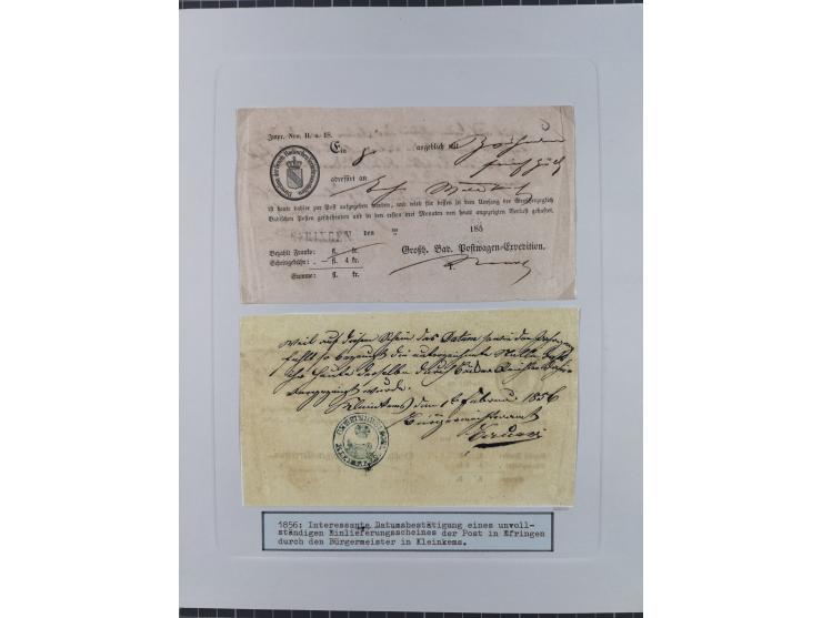 1850/72 (ca.), interessante Stempelsammlung auf Marken, Briefstücken und Briefen, dabei blaue und rote Nummernstempel, Fremde