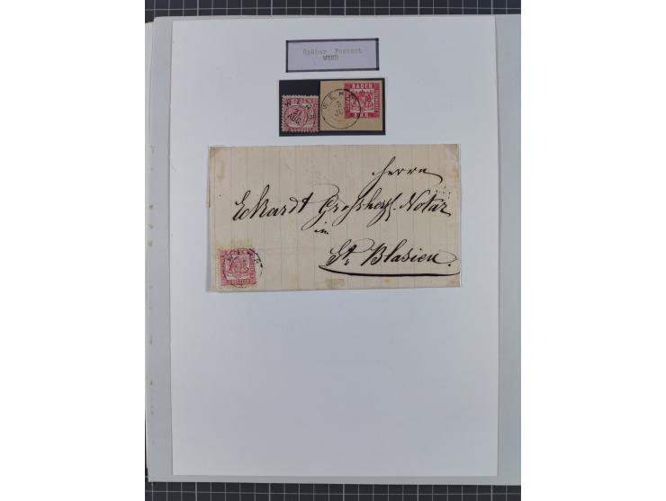 1850/72 (ca.), interessante Stempelsammlung auf Marken, Briefstücken und Briefen, dabei blaue und rote Nummernstempel, Fremde